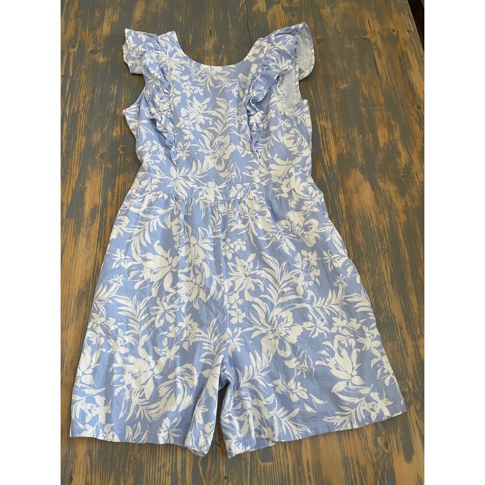 Baby Blue & White Floral Ruffle Sleeve Romper Size L